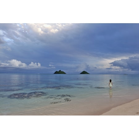 Hawaii Oahu Lanikai A Woman Wades In The Water At The Beach At Dusk Stretched Canvas - Tomas del Amo  Design Pics (18 x