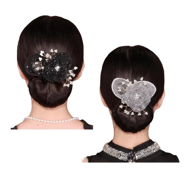 Accesorios para el cabello con flores de estrella completa, para hacer moños con flores, pinza para el cabello con forma de bola, moño con flores bordadas a mano, para cabello largo y grueso, accesori