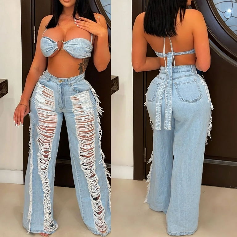 Lilgiuy Women's Unique Sexy Hollowed Out Ripped Zipper Long Breast Wrapped  Denim Jumpsuit Petite Classic Allure Fit Proportioned Pant