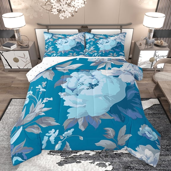 Homewish Blue Floral Flower Full Size Comforter Sets for Female, Rustic Farmhouse Bedding Comforter Set, Western Old Fashion Reversible Bedding Sets, Super Cozy Room Decor, 3pcs