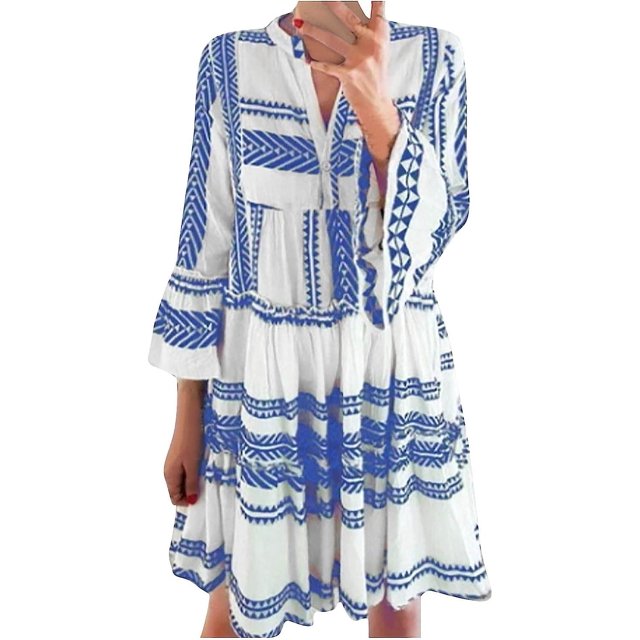 Robes Femmes Soirée Élégante Printemps et Décontracté Col en V Boutons Manches Trois-Quarts Imprimé
