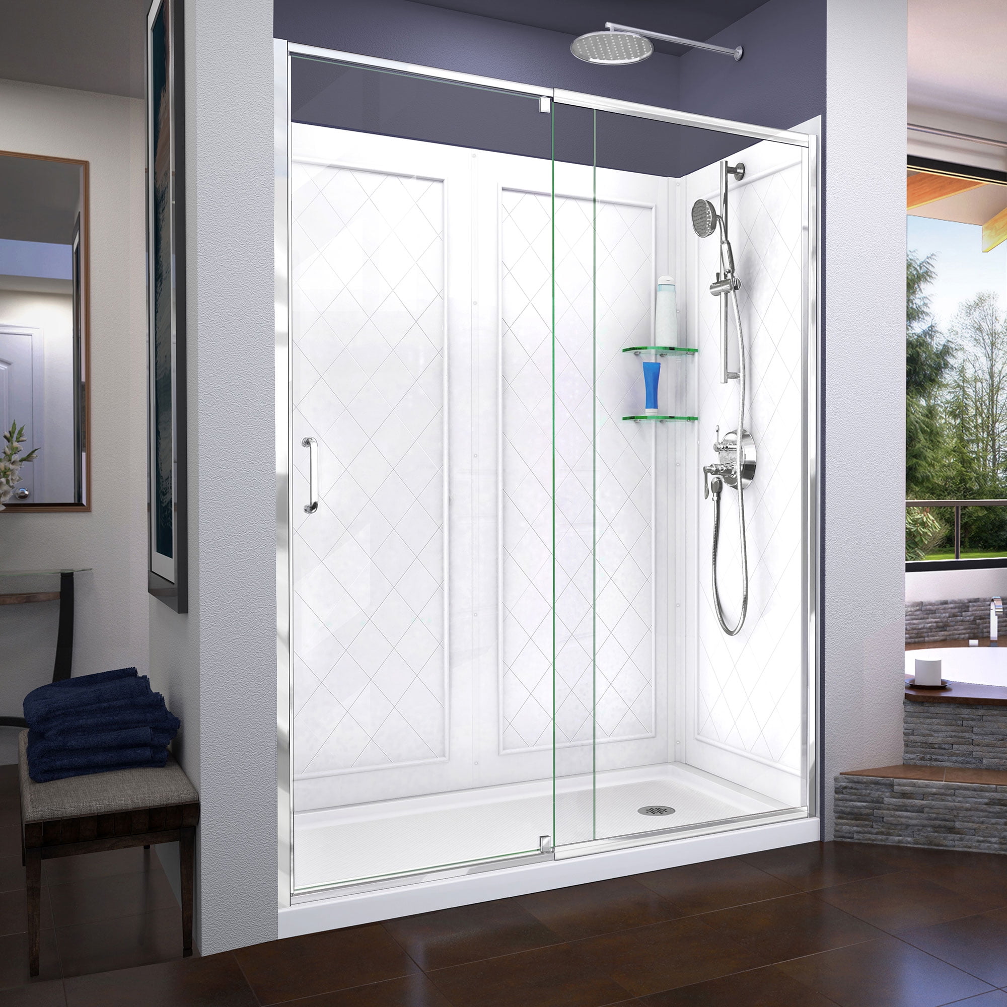 Dreamline Flex 30 In D X 60 W 76 3 4 H Semi Frameless Shower Door Chrome With Right Drain White Base And Backwalls