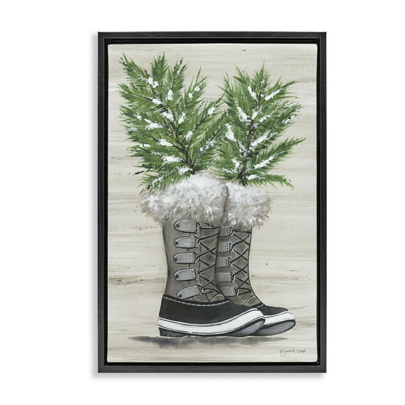 Stupell Industries Winter Sprigs in Boots Botanical & Floral Painting Black Floater Framed Art Print Wall Art, 17 x 25