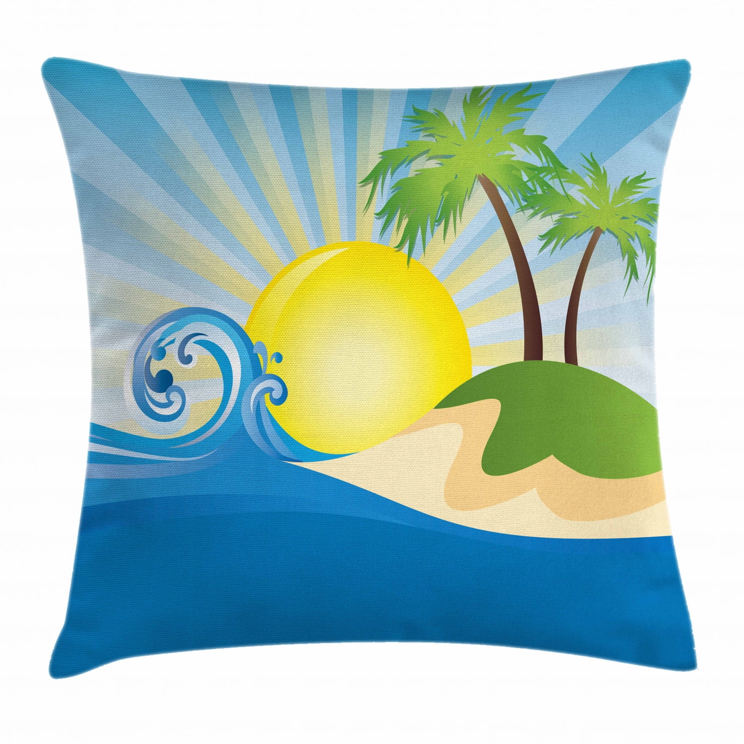 Beach Throw Pillow Cushion Cover, Summer Beach Illustration with Sun