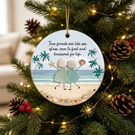YAMB Sea Glass Friendship Hanging Ornament, 3" True Friend Keepsake Gift for Women, Beach Themed Flat Decor for Birthday Christmas, Acrylic Home Wall Tree Pendent Decoration