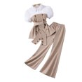 thumbnail image 4 of GBSYEWXS Toddler Child Girls Outfit Set Soft Solid Color Lapel Neck Tops Pants Patchwork 2025 Short Sleeve Khaki Outfits Sets Size 3 Years-4 Years, 4 of 9