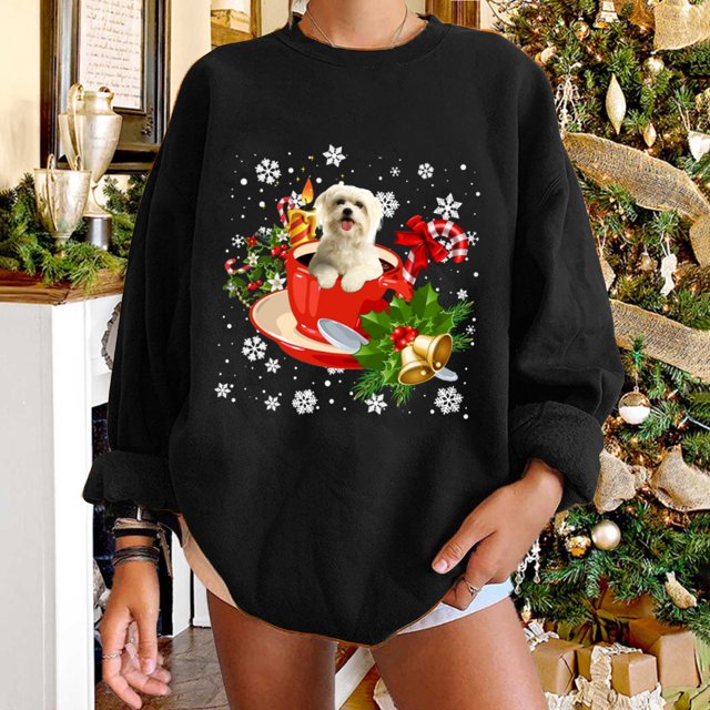 Women's Tops Winter Christmas Dog Classic Printing Pullover Loose Sweatshirt