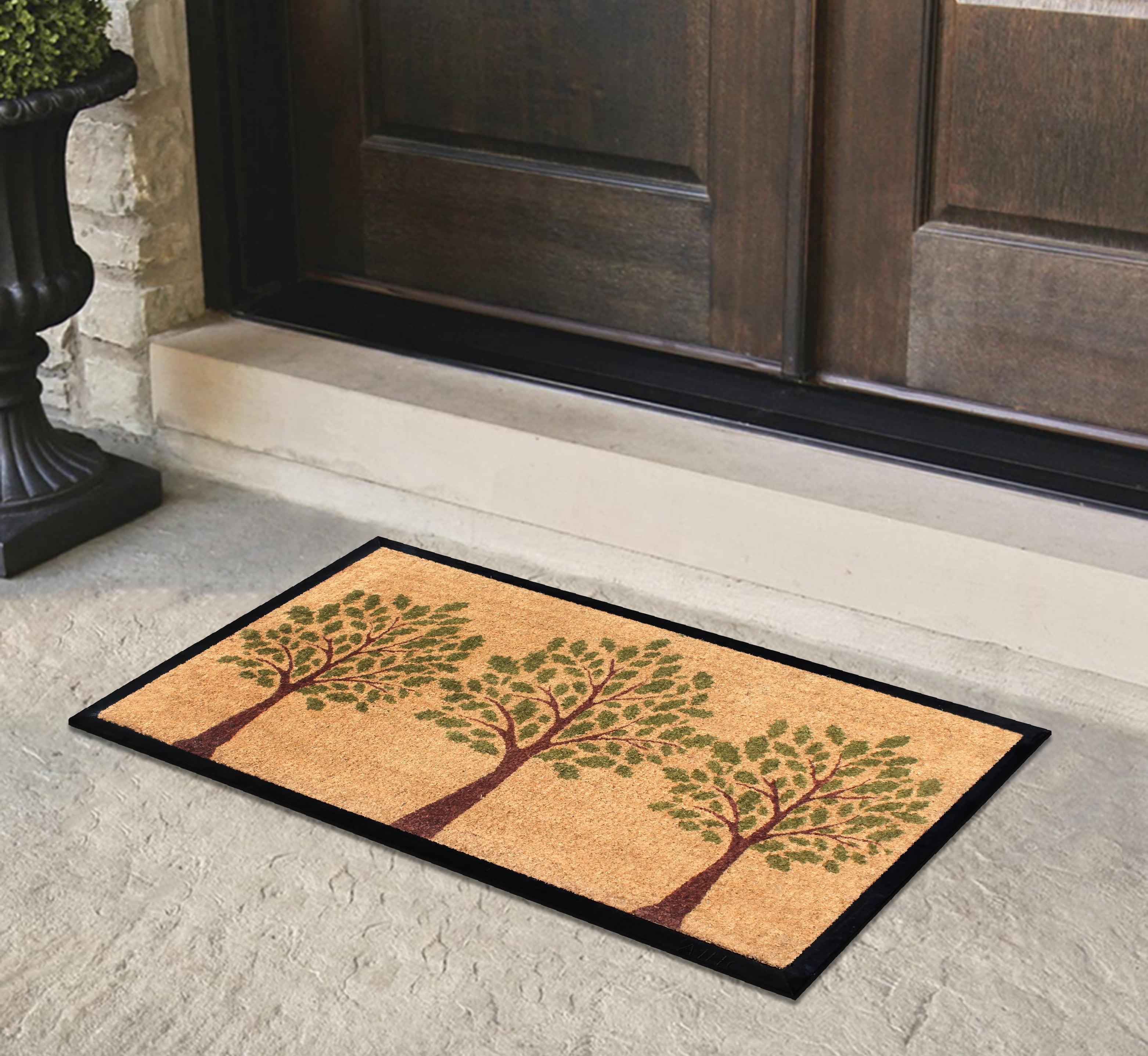A1HC 24"x48" Green Three Tree Coir & Rubber Doormat, Durable Non-Slip Thin Large Welcome Mat for Front Door & High Traffic Areas