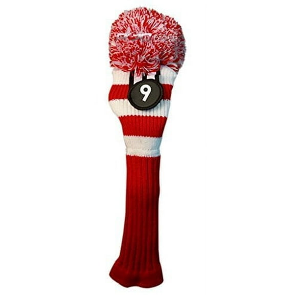 Majek #9 Fairway Metal Wood Red & White Golf Headcover Knit Pom Pom Retro Classic Vintage Head Cover