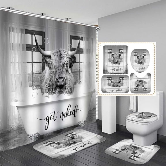 4PCS Highland Cow Shower Curtain Set, Get Naked Bubble Grey Cattle Bull Longhorn Wildlife Animal Country Rustic Farmhouse Bathroom Decor, Waterproof Fabric Shower Curtain, Non-slip Bath Mat