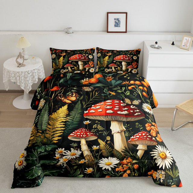 Erosebridal Ensembles de Couettes Champignons Rouges Format Double, Couettes et Duvets Hippies Botaniques, Décor Floral Marguerites, Réversible 3 Pcs