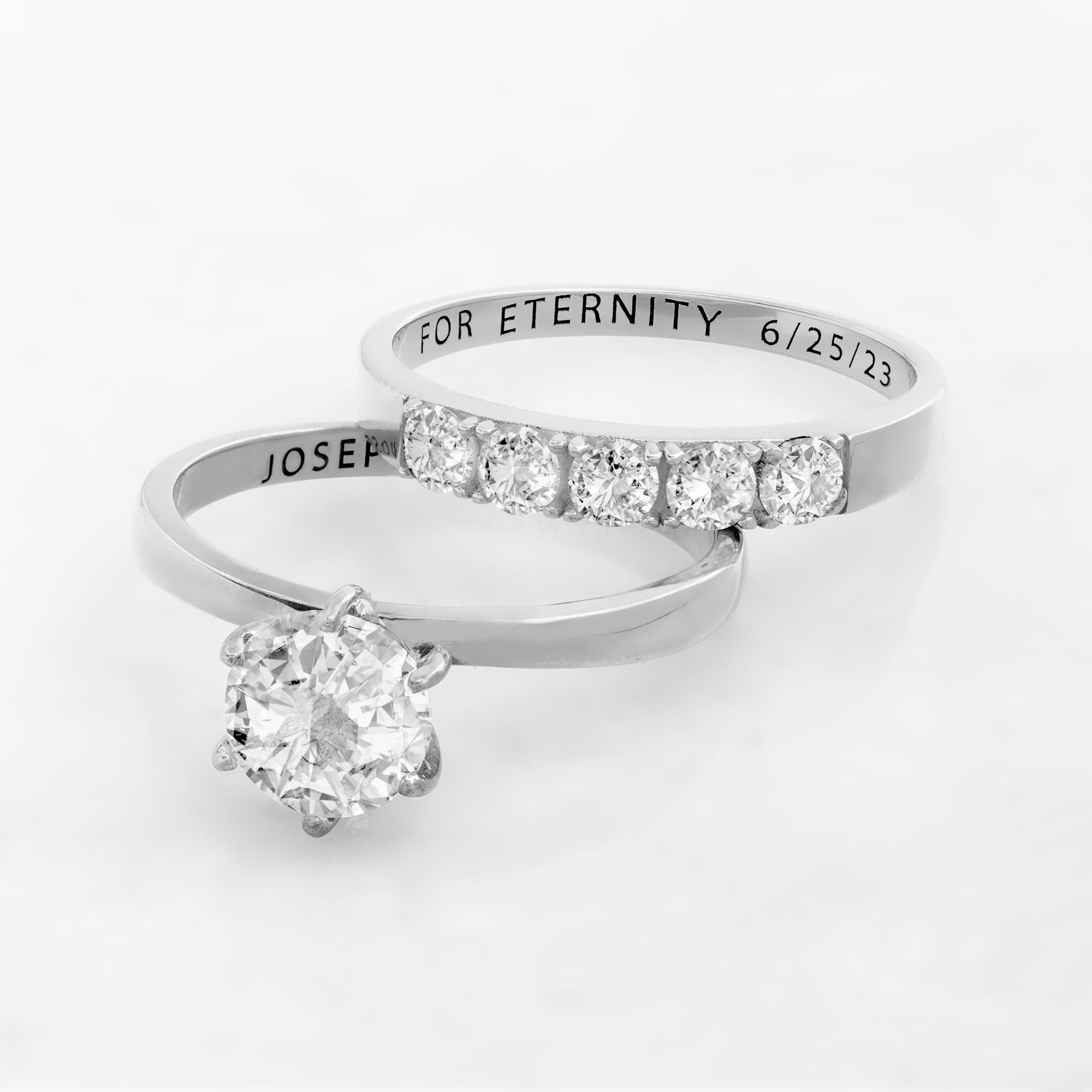 Vow & Forever Personalized Planet Bridal Platinum over Sterling Silver Round White Topaz 2-Piece Engraved Wedding Ring Set ,Women's