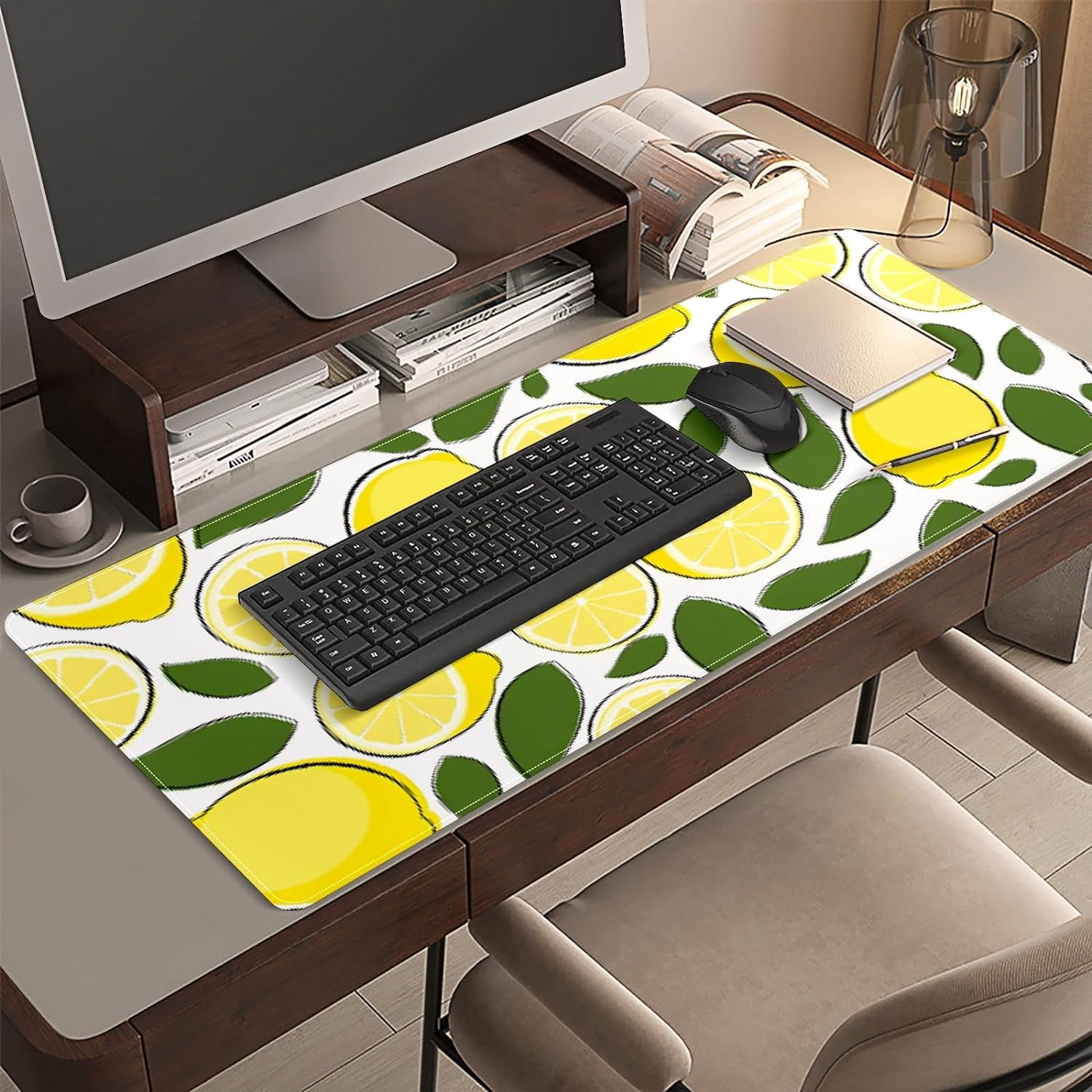 Cute Lemon Leaves Desk Mat, Desk Accessory, Cute Workspace, Trendy Workspace, Trendy, 35.4x15.7in Large Gaming Mouse Pad, Cute Desk Topper, Pretty Desk Pad