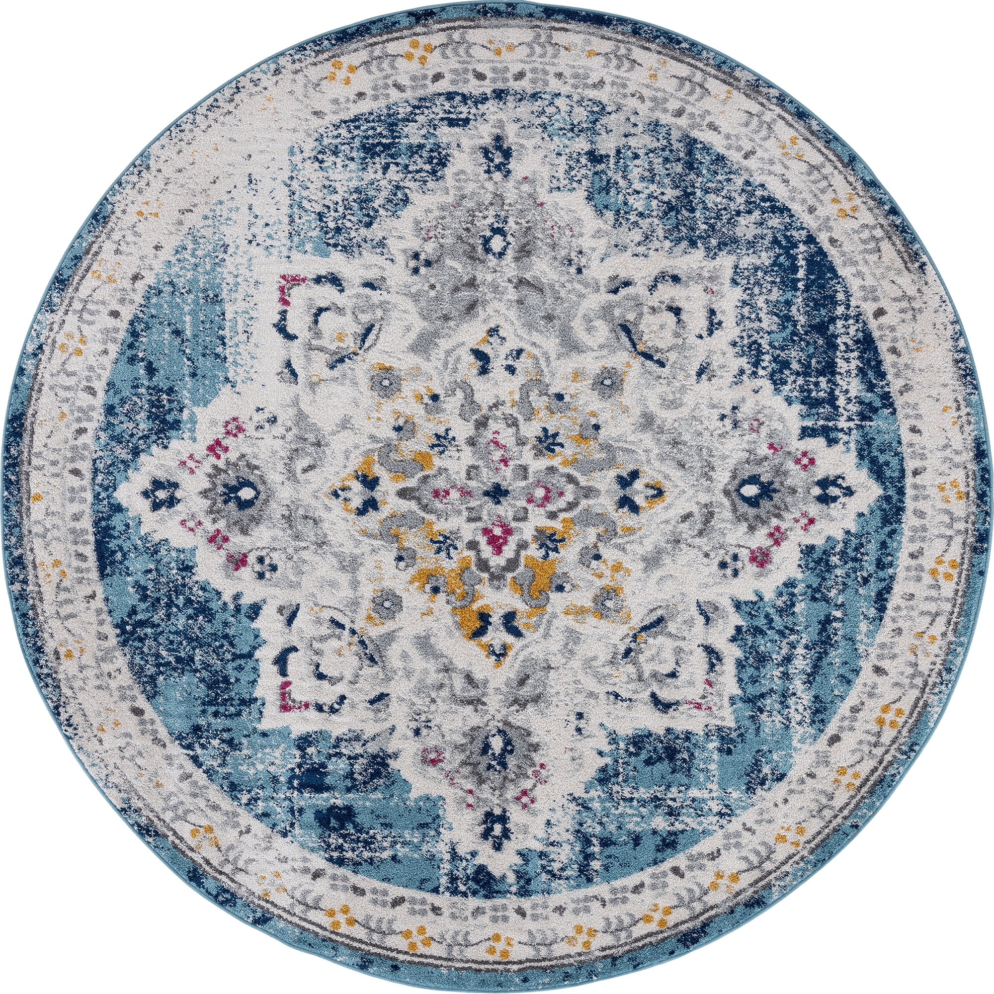Bliss Rugs Bohemian Traditional Medallion Round Rug for Living Room, Dining Room | Blue, 7'10''Round