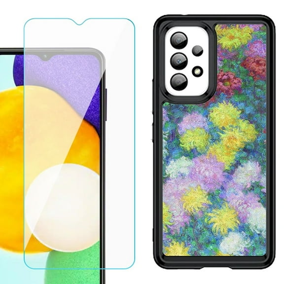 Shockproof Bumper (Black Frame) phone Case for Samsung Galaxy A23 5G, with Tempered Glass Screen Protector, by OneToughShield ® - Chrysanthemums