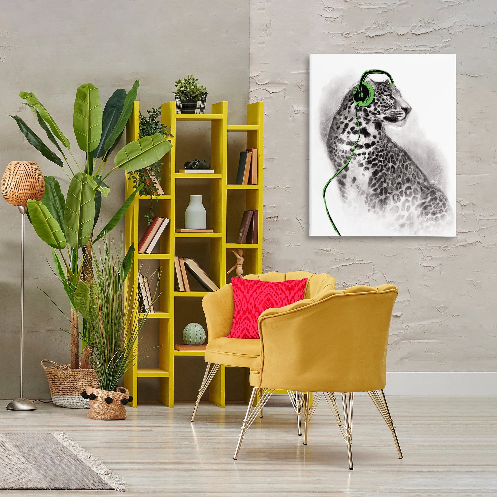 Stupell Industries Cheetah with Headphones Animals & Insects Painting Gallery Wrapped Canvas Art Print Wall Art, 30 x 40