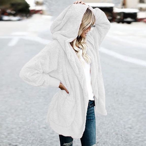 Womens Fuzzy Jacket Hooded Cardigan Open Front Sherpa Coat Outwear with Pockets White S