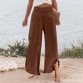 thumbnail image 7 of Nestiefly Linen Pants Women Summer Wide Leg Smocked Waist Ruffle Hem Pants Boho Flowy Beach Vacation Pant with Pockets Brown M, 7 of 7