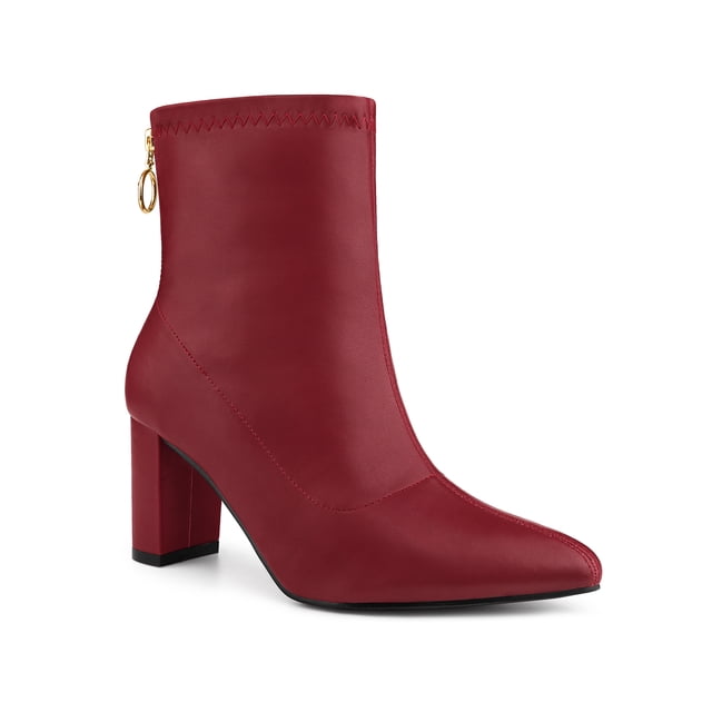 Unique Bargains Women's Pointy Toe Back Zip Block Heel Ankle Boots Red (Size 11)