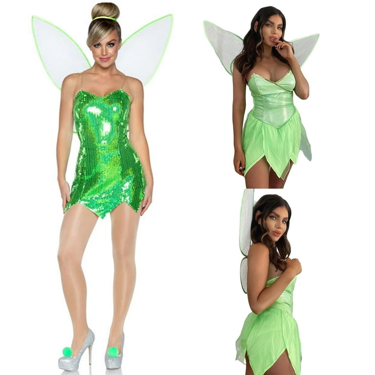 Womens Fairy Costume Sequin Fairy Corset Dress Halloween Costume Sexy Tube  Tops Short Green Dress with Wings 