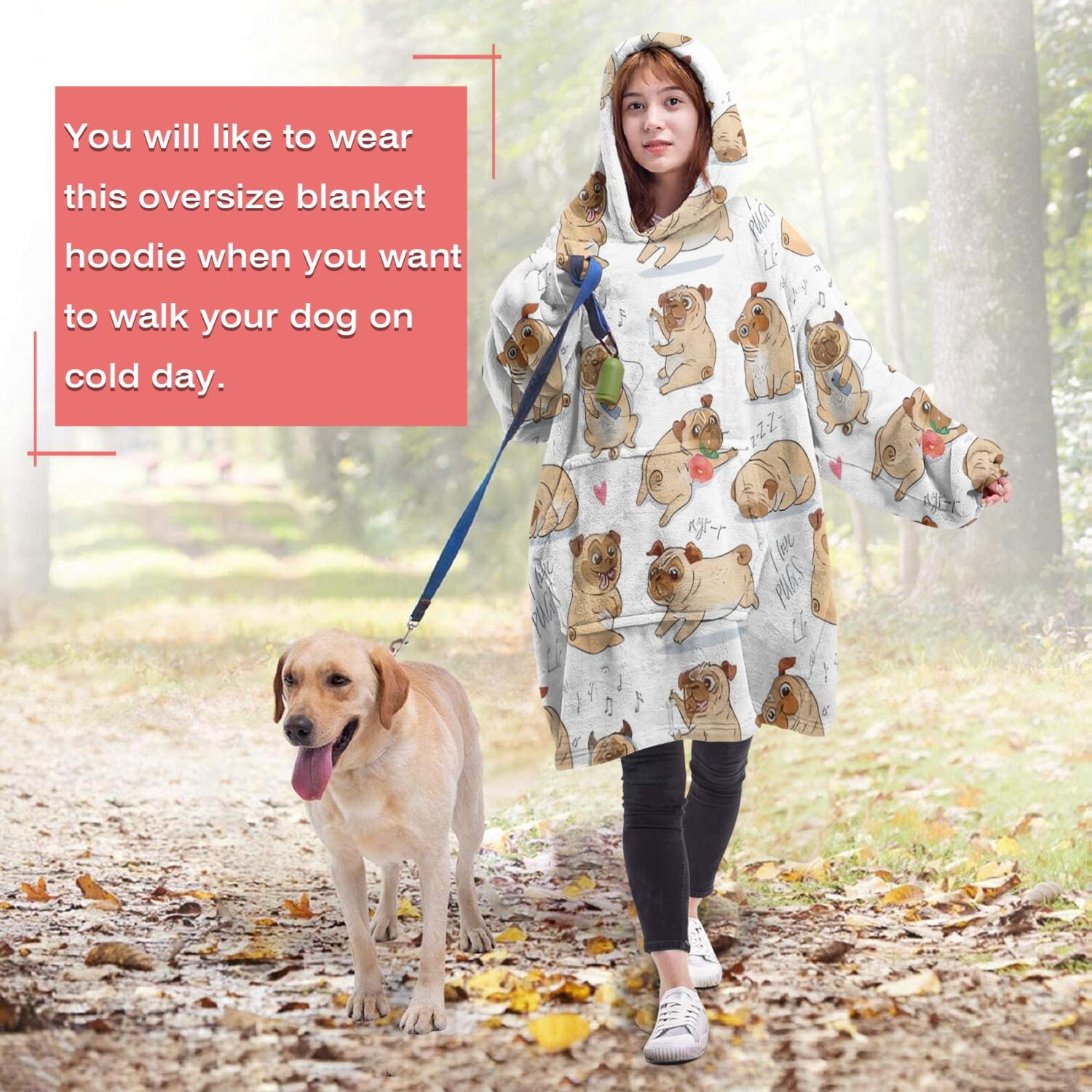 Wearable Oversized Blanket,Cartoon Pug and Heart Wearable Blanket Hoodie for Adults,Cozy Hooded Blankets with Super Pockets,Super Warm Fuzzy Pullover for Women & Men