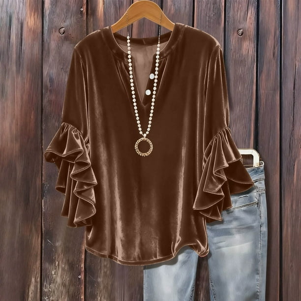 mfyjkho Tops Para Salir Para Mujer, Blusa Informal De Encaje Con Mangas Tres Cuartos Y Cuello En V Con Botones Y Color Liso Para Mujer Tops Para Hacer Ejercicio Para Mujer M