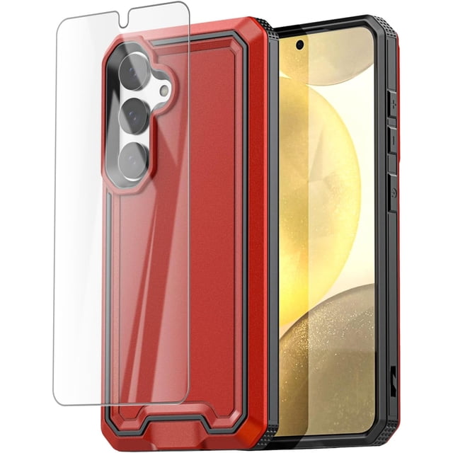 KOMI for Samsung Galaxy S24/S25 Case with Glass Screen Protector,Heavy Duty Drop Protection Full Body Rugged Shockproof Military Protective Tough Durable Cover for Galaxy S24/S25 6.1" 5G 2025 Red