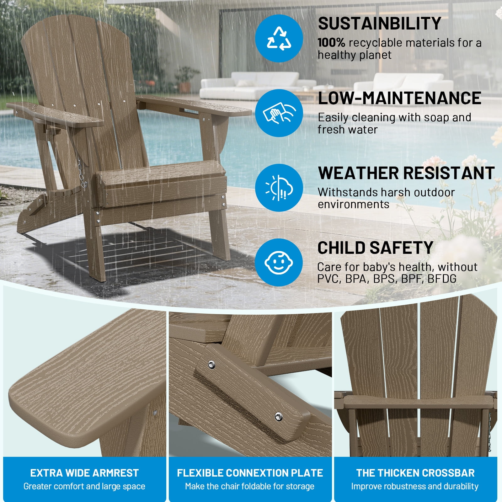 Easthome Adirondack Chair Set of 2, HDPE All-Weather Patio Chairs with Cup Holder & 380lb Capacity, Outdoor Lawn Chairs for Deck, Garden, Poolside, Patio - Brown