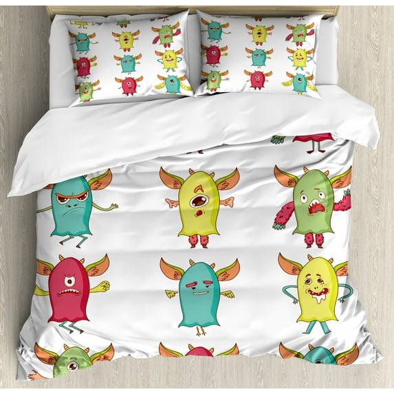 Alien Duvet Cover Set King Size, Colorful Bizarre Monstrous Characters on a Plain Background Messy and Whimsical Print, Decorative 3 Piece Bedding Set with 2 Pillow Shams, Multicolor, by Ambesonne