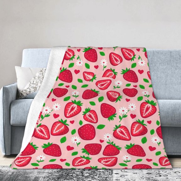 Strawberry Blanket, Cute Pink Strawberry Pattern Blanket, Soft Cozy Flannel Gift for Strawberry Lovers 50x40
