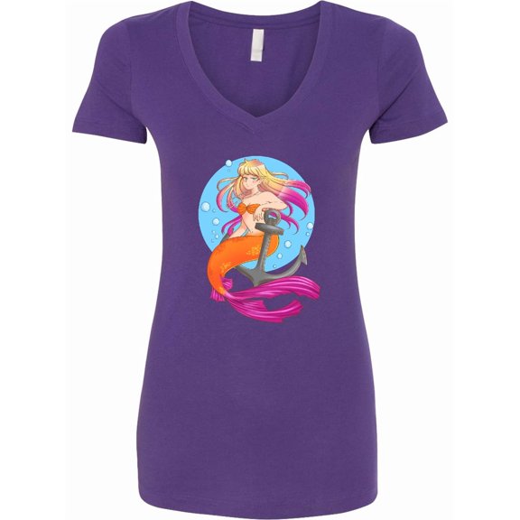 Inktastic Nautical Orange and Pink Mermaid Sitting on Anchor Women's V-Neck T-Shirt