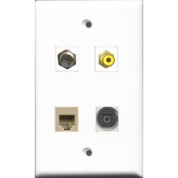 RiteAV 1 Port RCA Yellow and 1 Port Coax Cable TV- F-Type and 1 Port Phone RJ11 RJ12 Beige and 1 Port Toslink Wall Plate