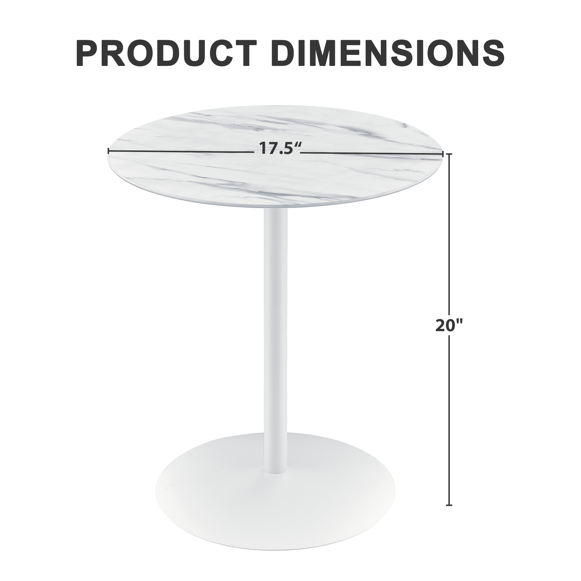 MAYEERTY 17.5" Small Round Side Tulip Table, Marble Textured Glass Top & Steel Foundation, Seats 2, White