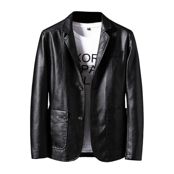 Men's Leather Suit Collar Casual Leather Jacket, Black, L