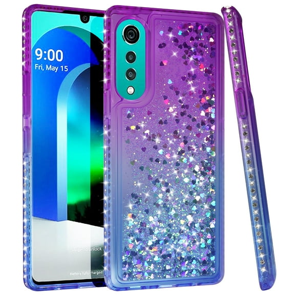 Case for LG Velvet, Nakedcellphone [Purple Waterfall] Flexible TPU Slim Cover [with Snow-Globe Glitter Bling, Iridescent Hearts and Rhinestone Crystals] for LG Velvet Phone LM-G900M
