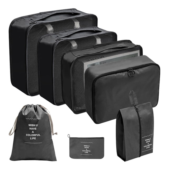 Mejor set de cubos de embalaje para viajes - Organizador de malla de 7 piezas para maleta, ropa, zapatos y artículos de aseo | Bolsas organizadoras de equipaje plegables y portátiles