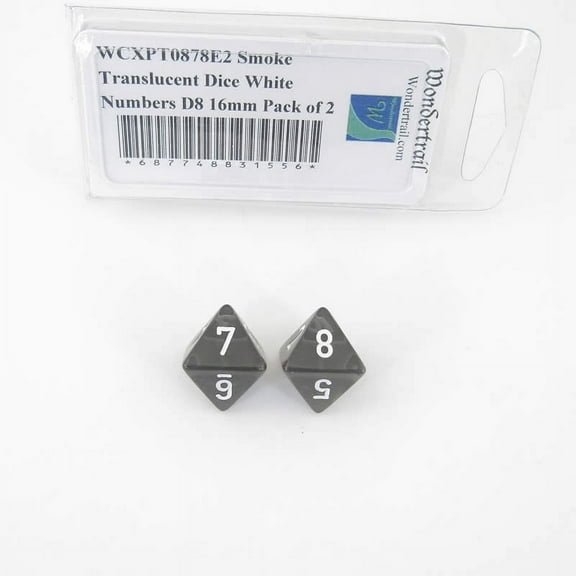 Smoke Translucent Dice with White Numbers D8 Aprox 16mm (5/8in) Pack of 2 Wondertrail