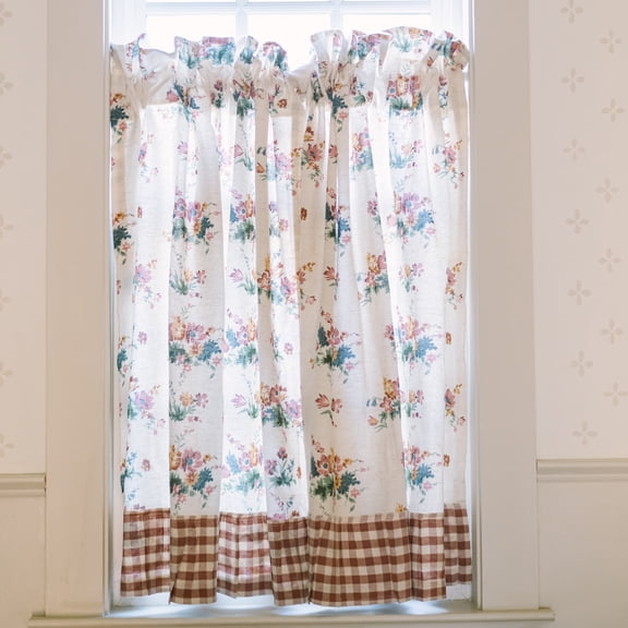 VHC Brands Rosehill Cottage Floral & Gingham Ruffled Cotton Tier Curtain Set - 36x36 Dusty Rose & Natural Cafe Curtains