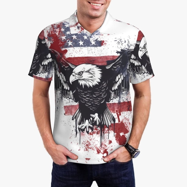 Balery American Flag Eagle Art Camisa Polo de Hombre con Estampado, de Manga Corta y Tejido Medio, Camisa Tipo Golf Polo-Large