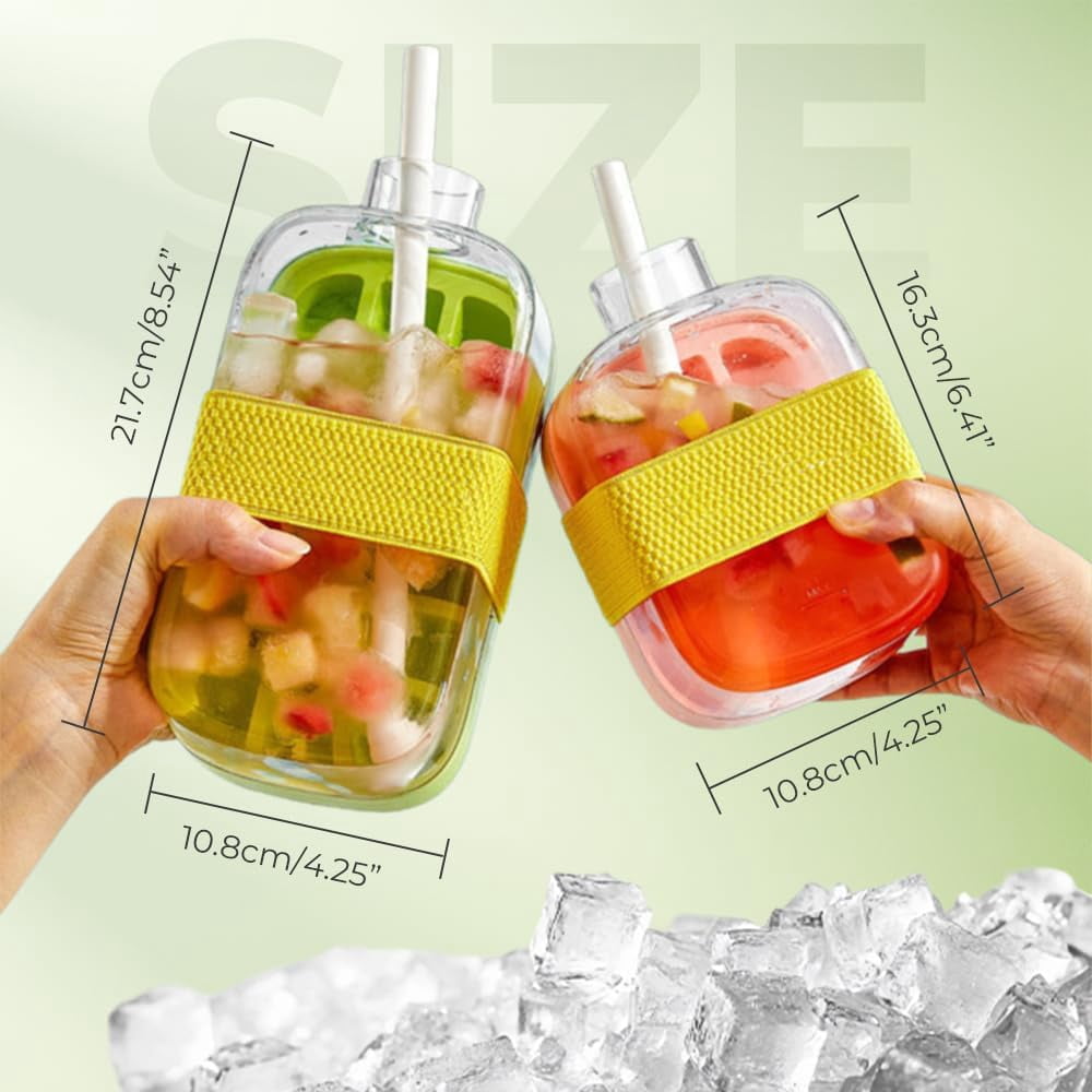 2-in-1 Ice Cube Bottle with Straw, Easy Press Ice Tray Water Bottle, Leak Proof Lid, Vertical Ice Maker for Freezer, Travel, Gym & Home Use (White, 800ml)