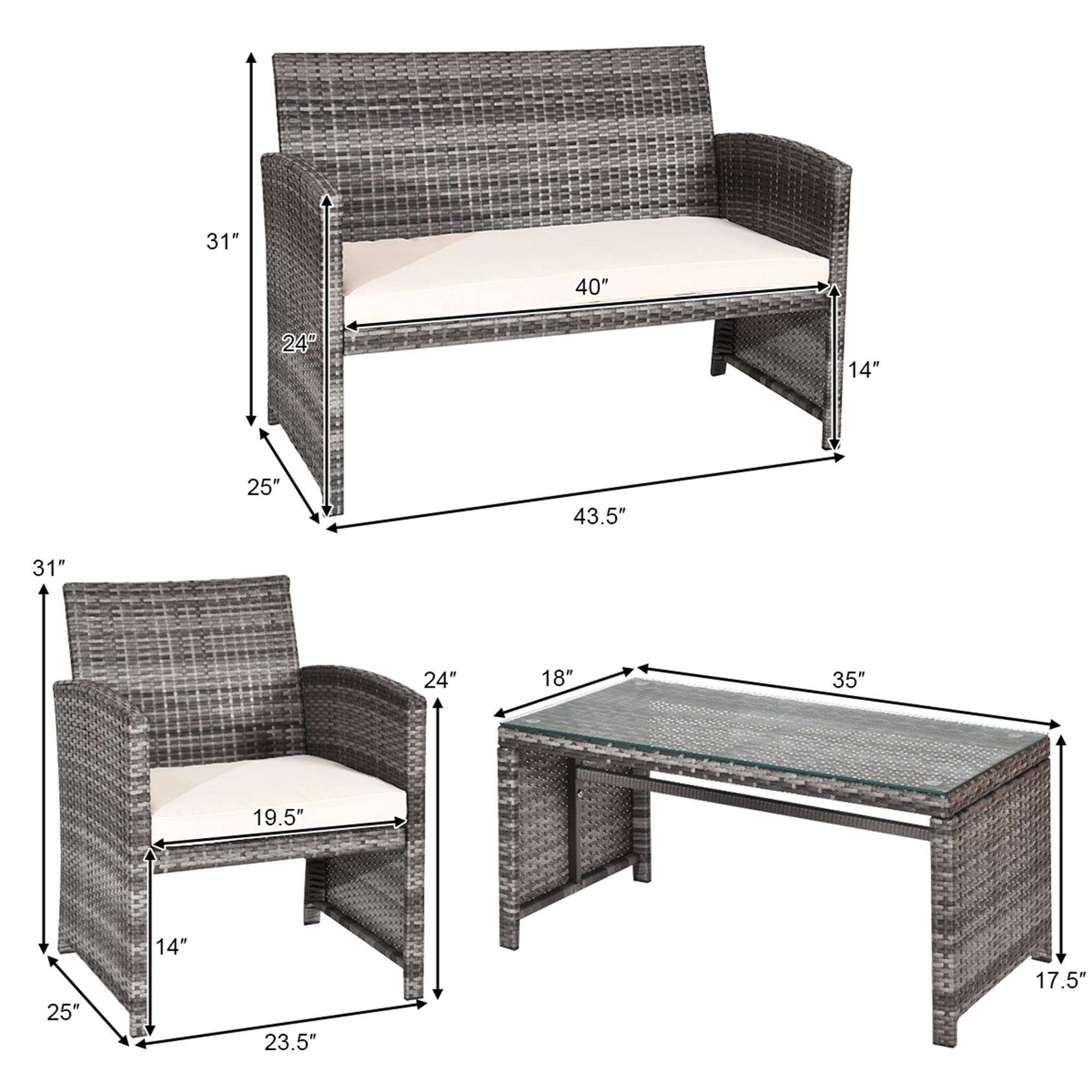 Gymax Fashion 4PCS Patio Outdoor Rattan Furniture Set Chair Loveseat Table Cushioned