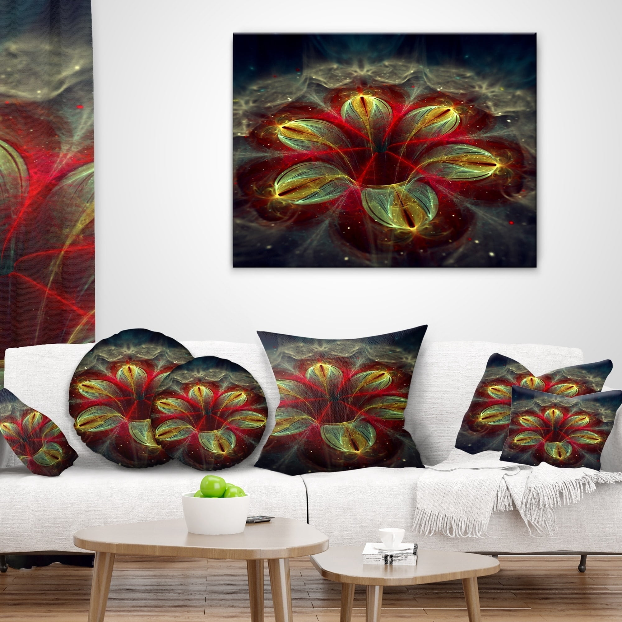 Designart Red Golden Colorful Fractal Design - Floral Throw Pillow - 12x20