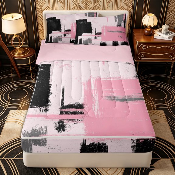 Erosebridal Minimalist Graffiti Zipper Twin Comforter Sets with Fitted Sheet and 2 Pillowcases,Vintage Watercolor Zipper Bedding Set,Pink Grey Black,Pink Reversible
