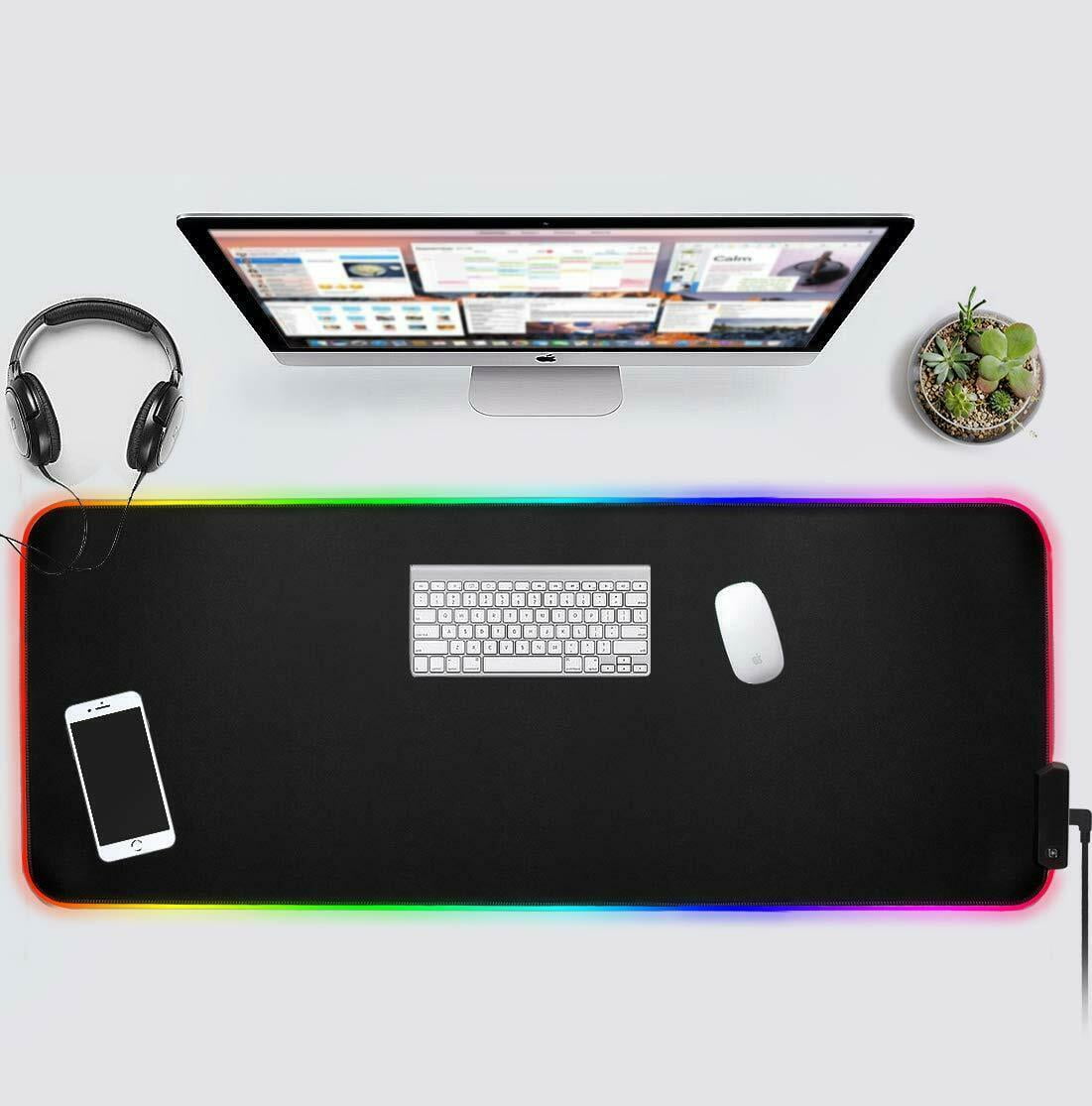 31.5" X 12" Large Mouse Pad, RGB LED Gaming Mouse Pad with Smooth PU Leather & Stitched Edges, Waterproof Large Mouse Mat with Non-Slip Rubber Base for Gamer