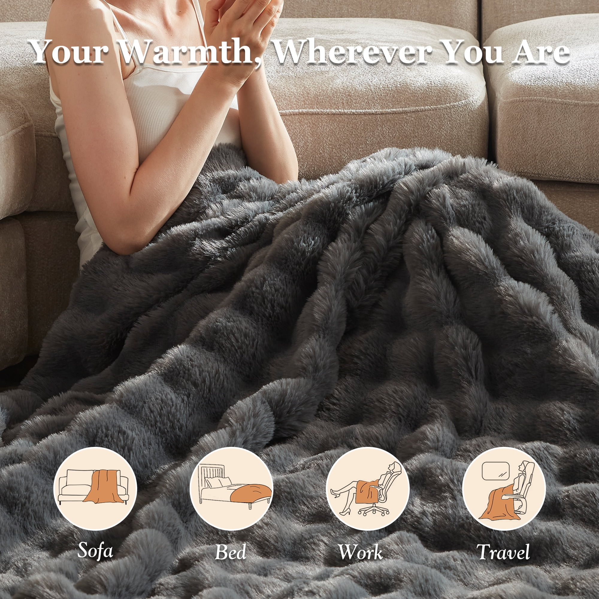COZY@HOME Heated Blanket,Plush Thick Faux Fur Throw Size 62"x84", Dark Grey, 5-Min Fast Heating 6 Heating Levels & 4 Hours Auto-Off, Machine Washable