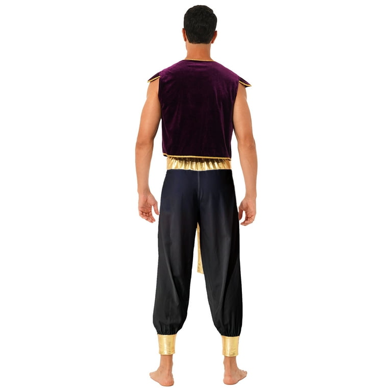 TiaoBug Mens Arabian Prince Costume Outfits Golden Vest and Bloomers Pants  Halloween Cosplay Party Suit A Black 3XL