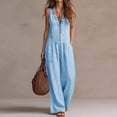 thumbnail image 2 of SZJXBUY Womens Fashion Jumpsuits Dressy Casual Cotton Linen Jumpsuits Dressy Plus Size Wide Leg Sleeveless Ruffled V Neck Button Boho Overall Romper with Pockets Light Blue,M, 2 of 7