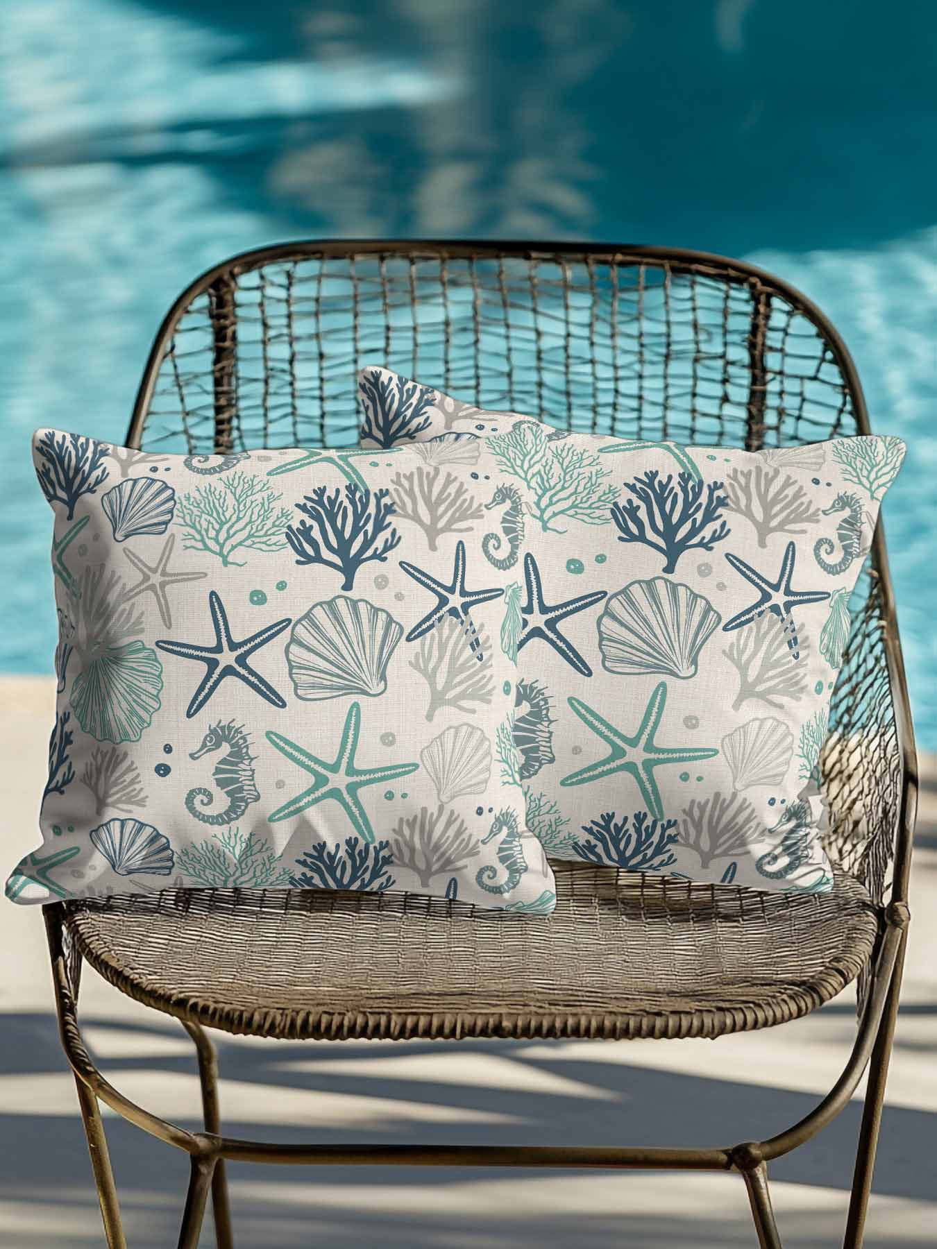 Waterproof Outdoor Throw Pillows with Inserts 16"x16" Set of 2,Blue Teal Coastal Soft Decorative Pillowcases for Bedroom,Summer Beach Starfish Coral Nautical Rustic Pillow Covers for Sofa Living Room