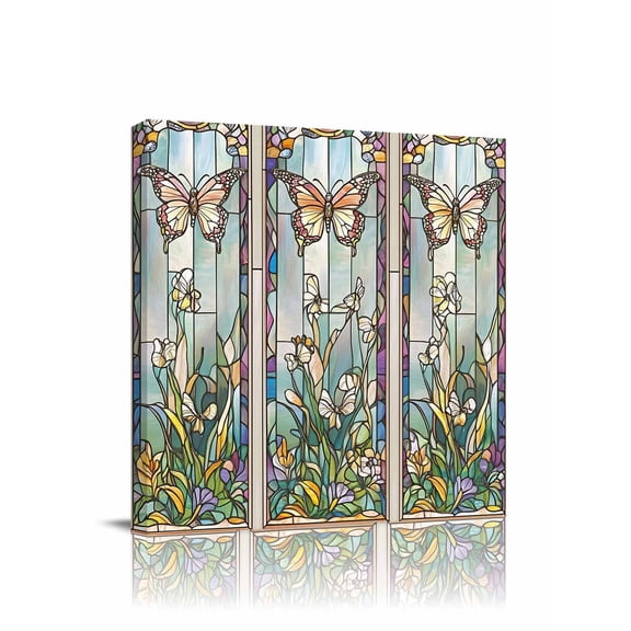 Purple Vintage Stained Glass Canvas Wall Art, Flowers Butterfly Framed Wall Decor Modern Artwork Prints Painting for Living Room, Bedroom, Kitchen & Cafe Decor 8x8 Inch