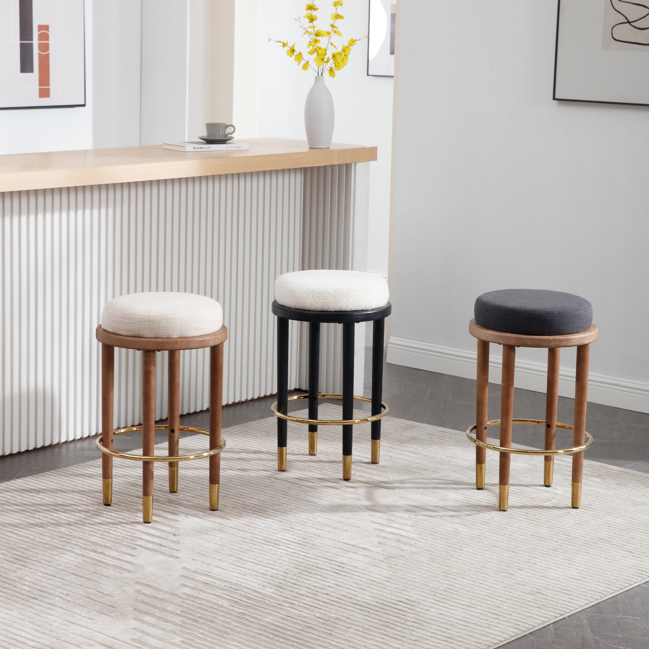 Guyou 26" Backless Counter Height Bar Stool Set of 2, Modern Round Linen Upholstered Stools, Farmhouse Wooden Kitchen Island Chairs for Restaurant Kitchen Bistro, Charcoal
